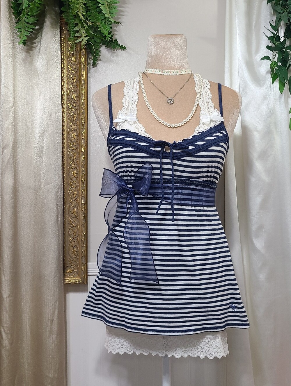 ♡ Y2K ♡ Abercrombie Navy Blue Striped Babydoll Waist Tie Summer Tank Top